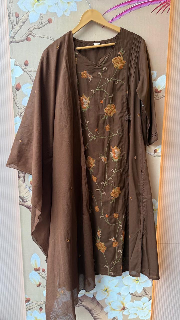 Pure cotton fully embroidered suit set in brown