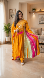 Pretty viscose organza Anarkali suit set with real mirror