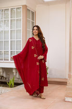 Mul Chanderi embroidered full Suit set in red