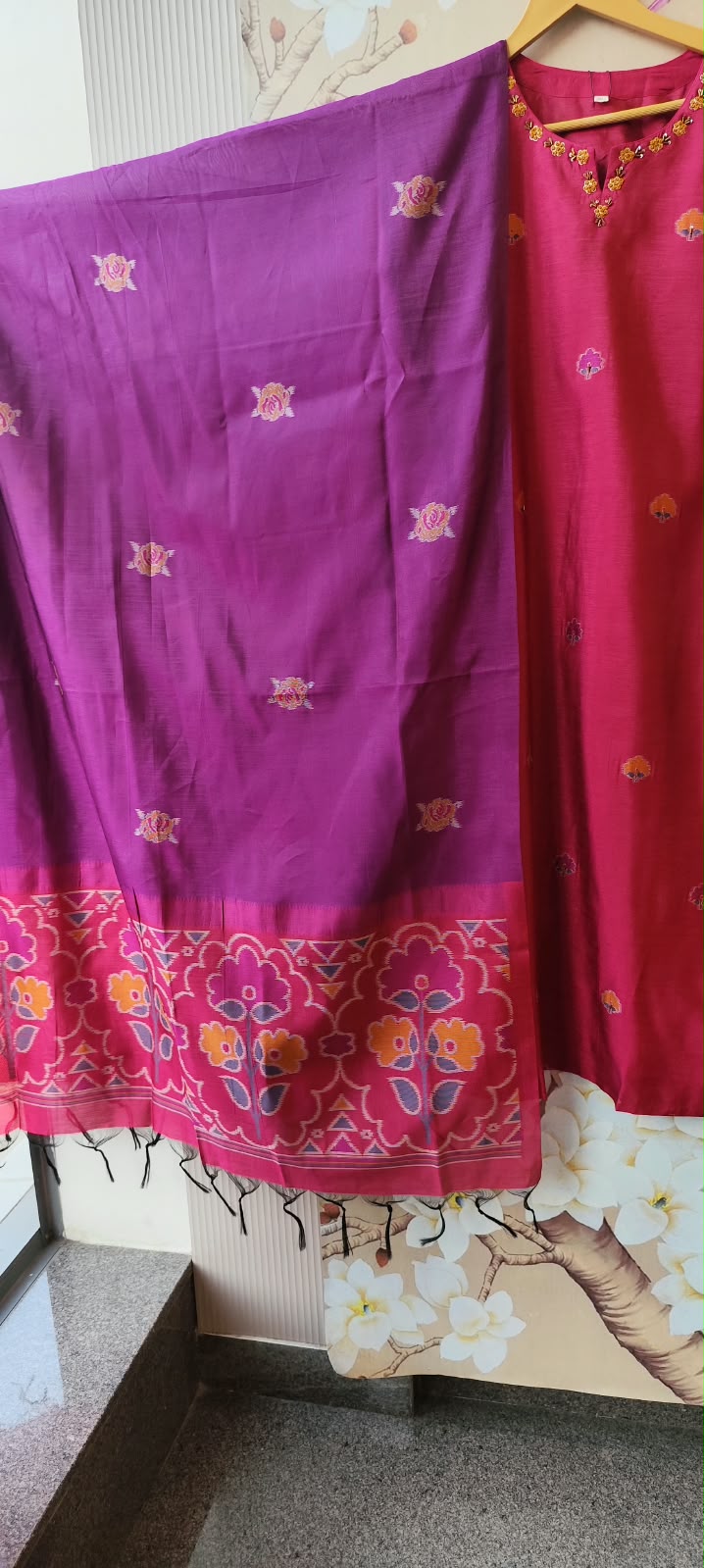 Red n purple jamdani weaved suit set