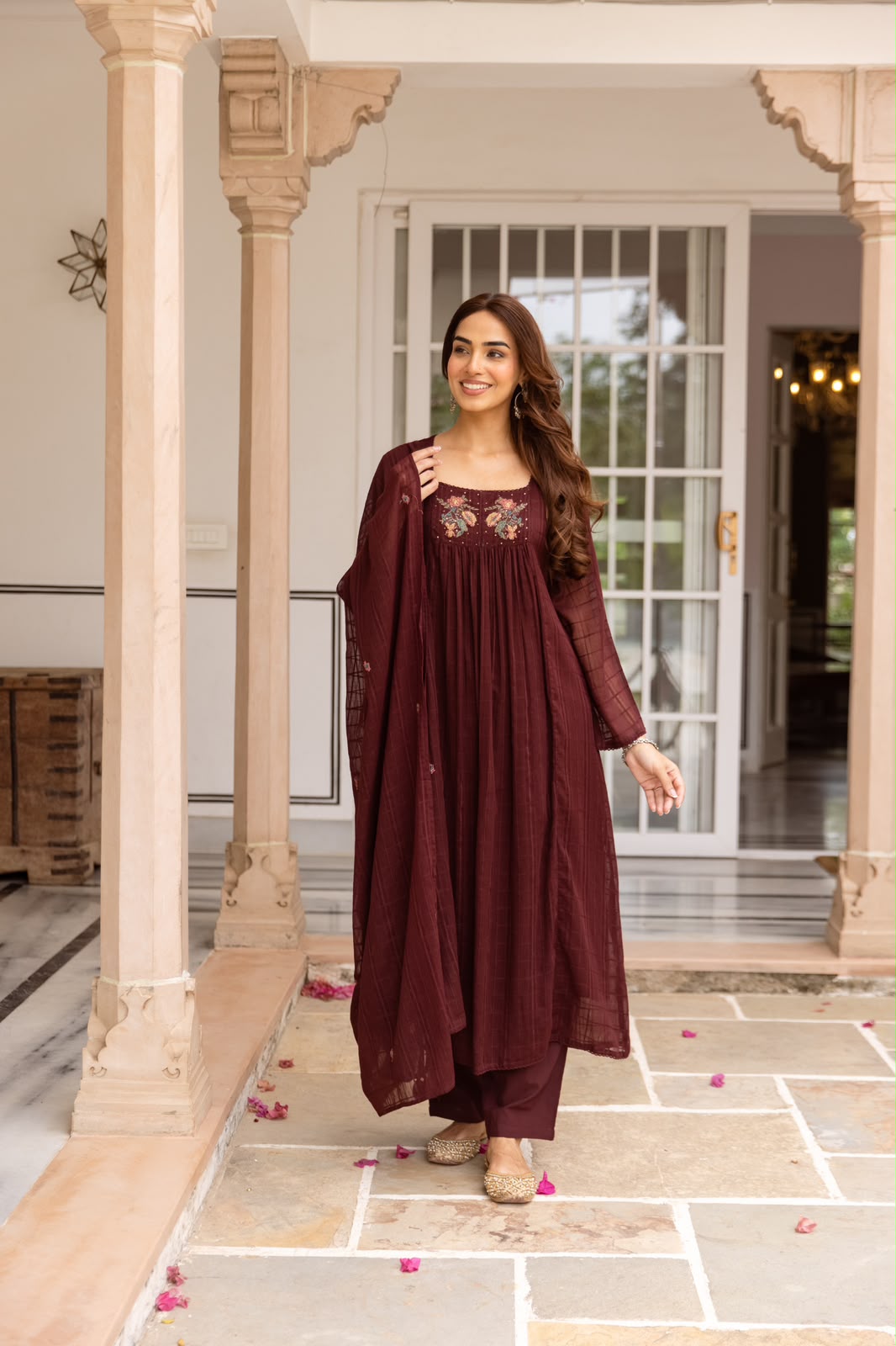 Pure Mul cotton Cheks suit set in wine