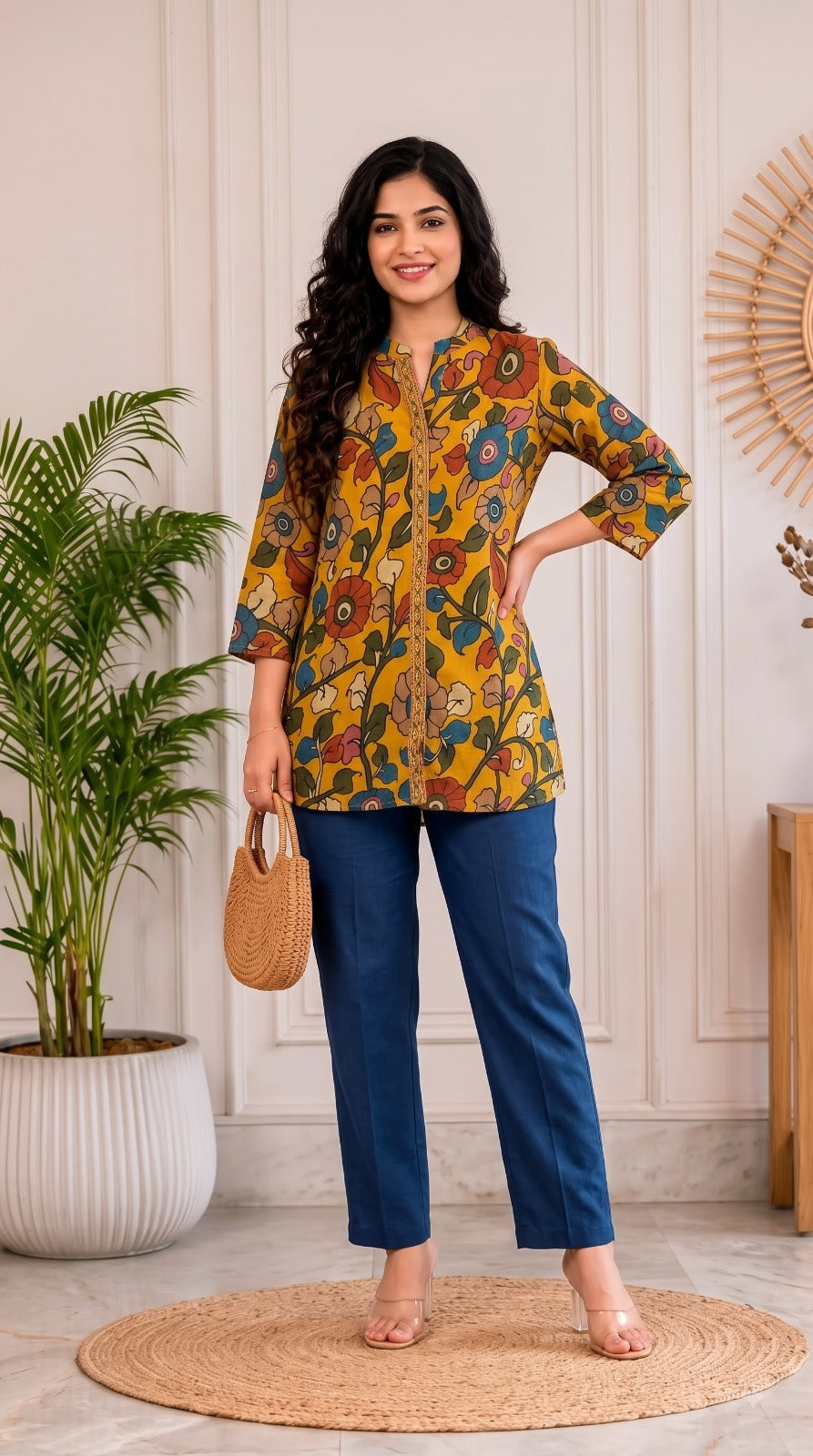 Pretty Mul silk Kalamkari top inyellow
