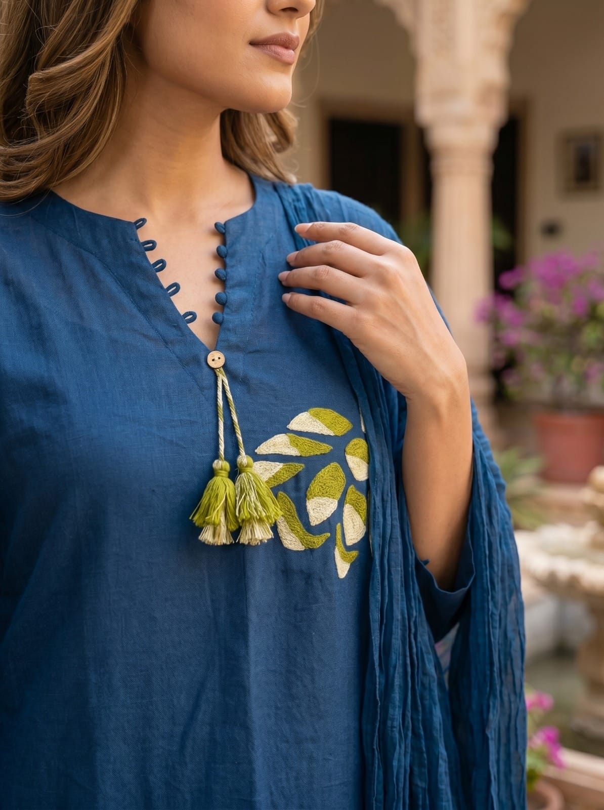 Super pretty designer neck cotton suit set in blue