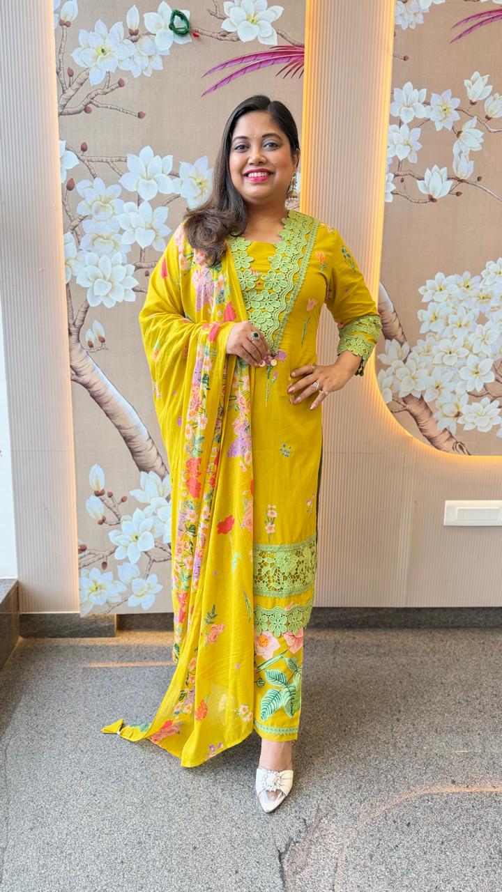 Yellow lace detailing pure cotton suit set