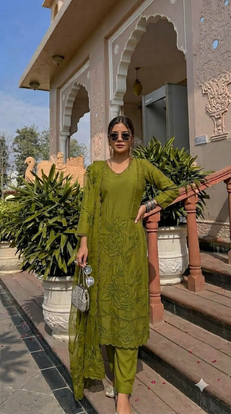 Cutwork Mul chanderi lining suit set (slim fit ) in olive
