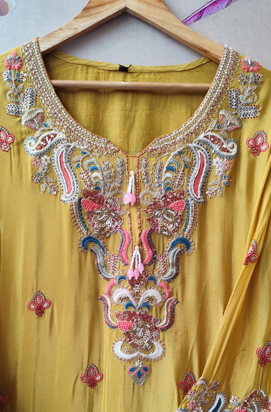 Super handwork premium chinon full suit set in yellow