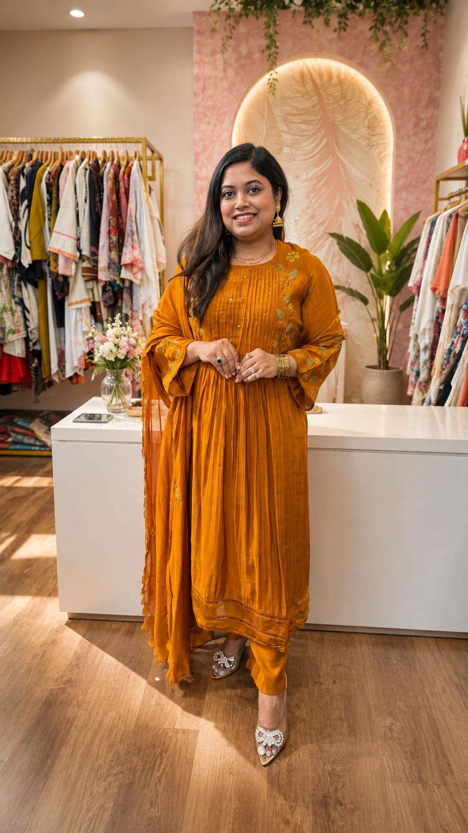 Pretty Mul Chanderi embroidered Anarkali suit set in mud brown