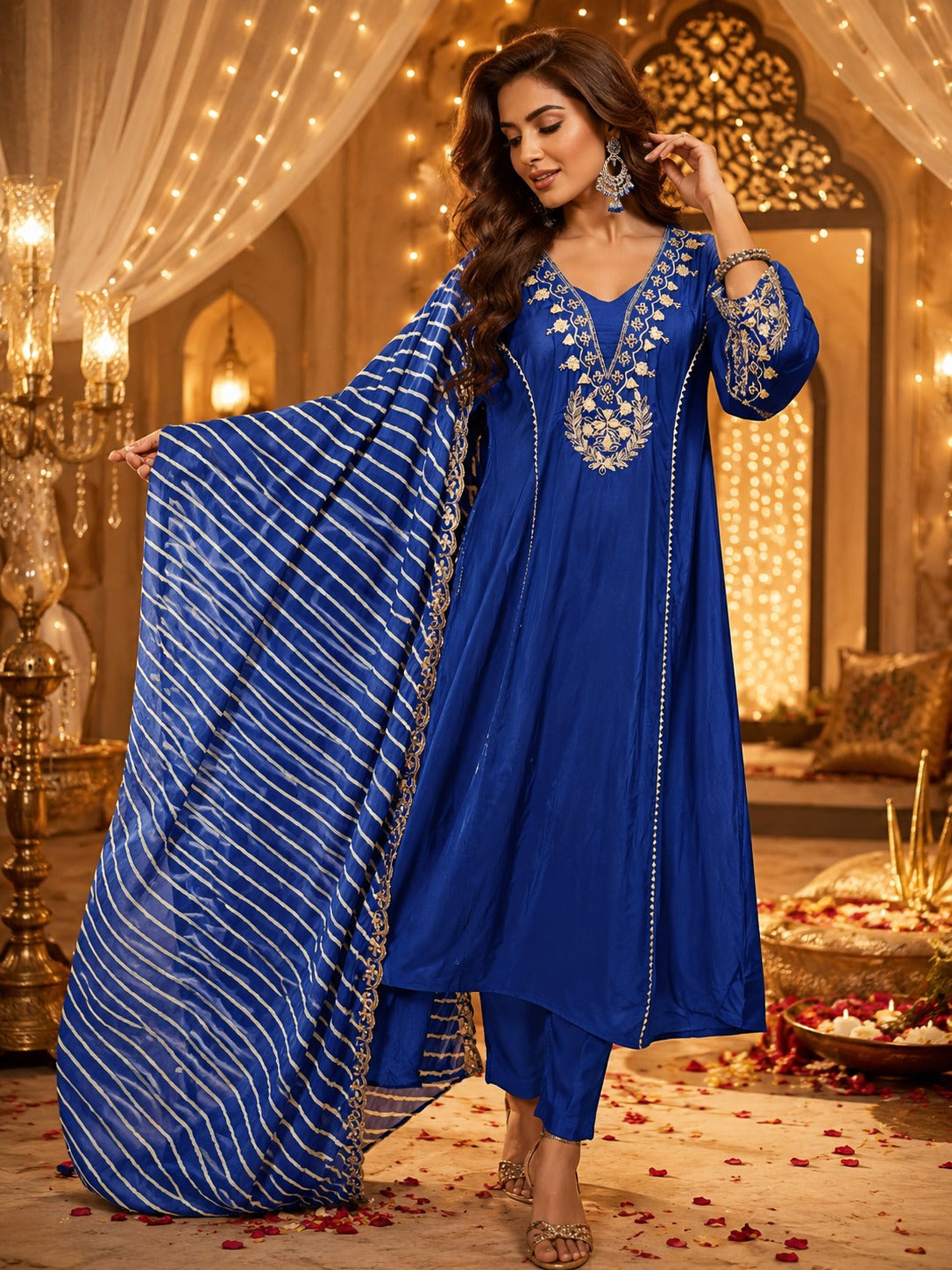 Premium dola silk with gotta detailing paired with pure orgenza dupatta in blue