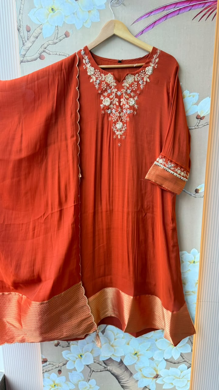 Pretty Mul chanderi with zari work and detailing lining full suit in red