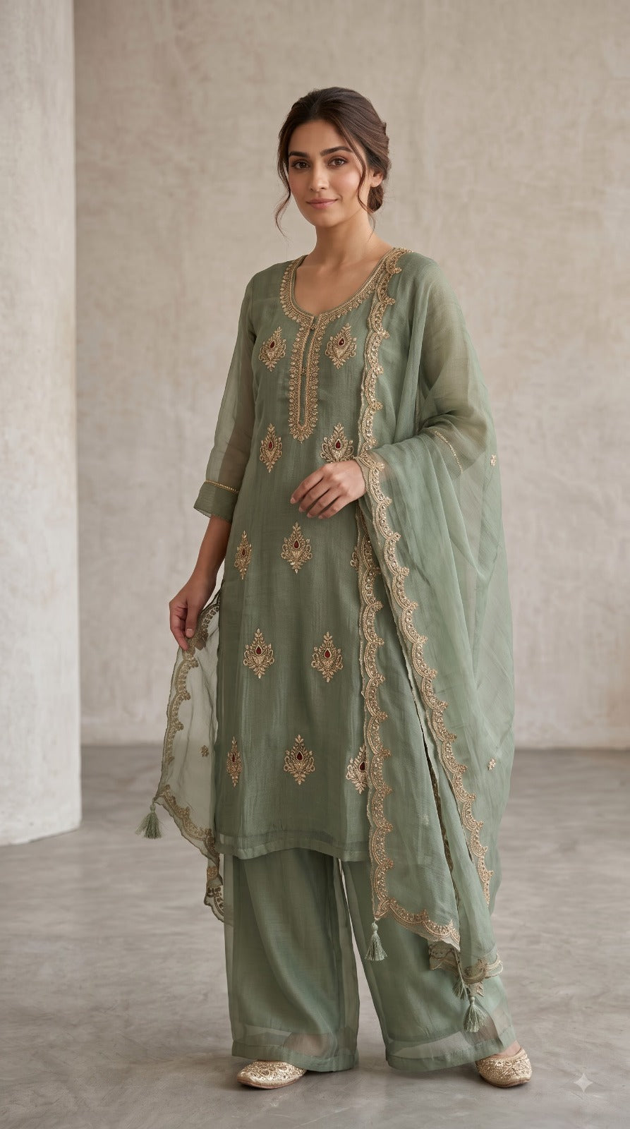 Pretty embellished salsa lining suit set ( true to size ) in green