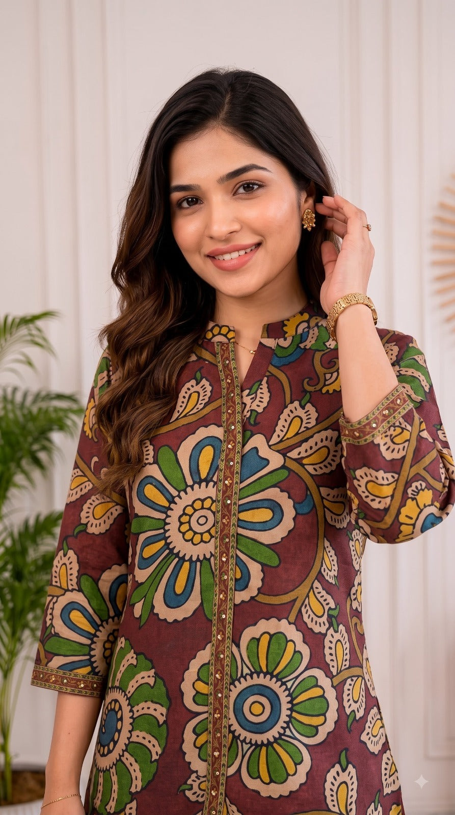 Pretty Mul silk Kalamkari top inWine