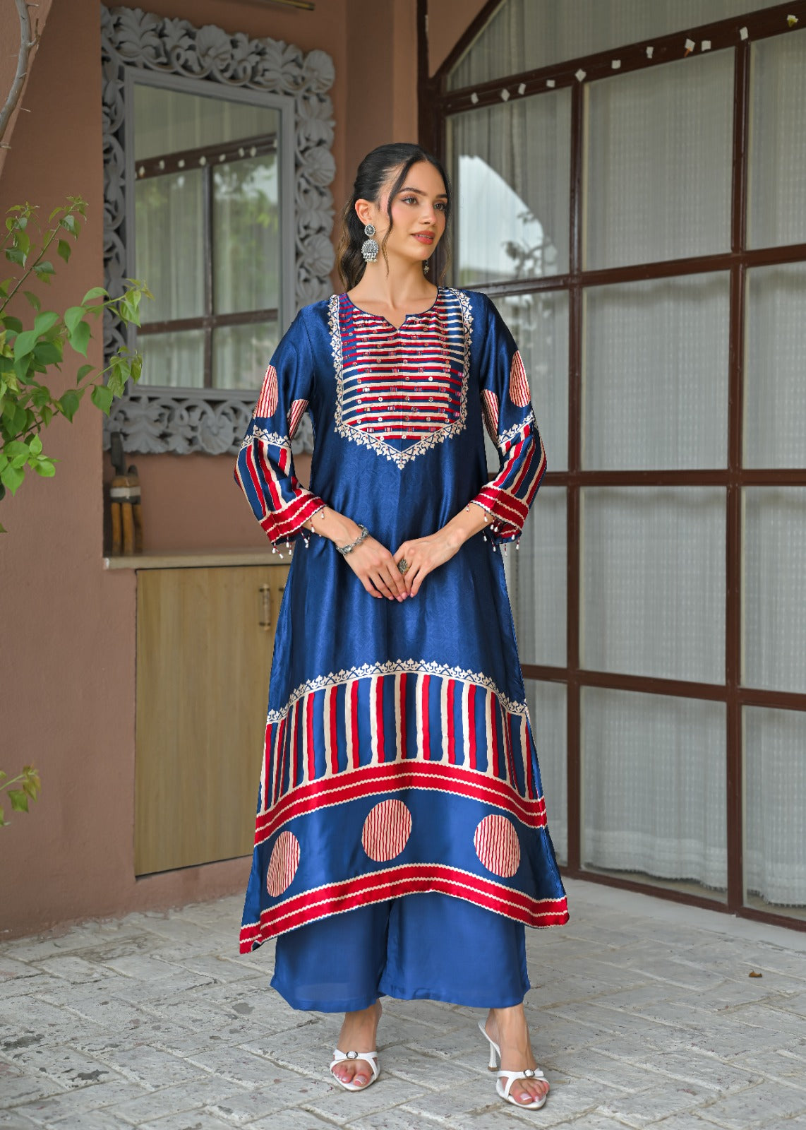 Premium gaji silk kurta pant in blue with coin detailing