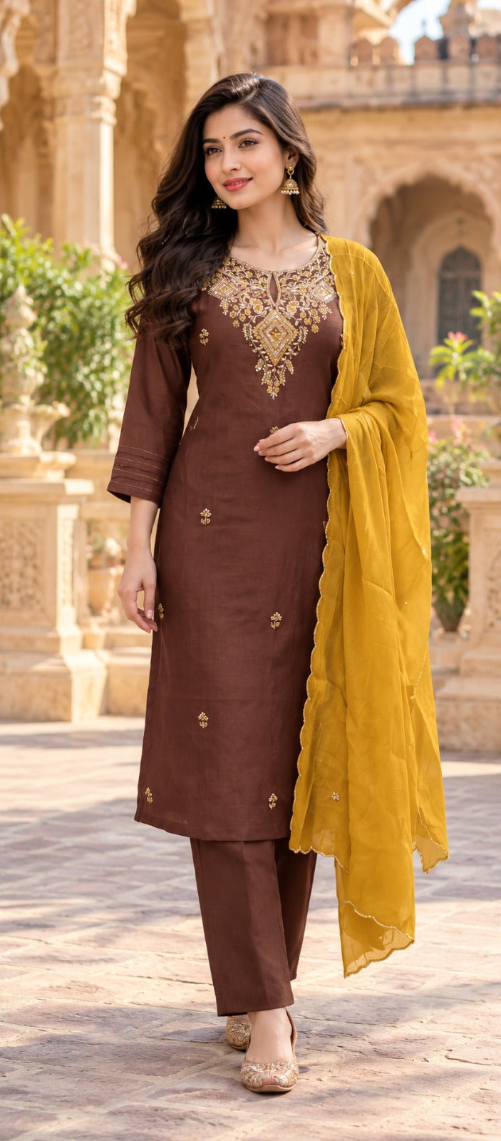 Pretty dola silk handwork suit set in brown n yellow