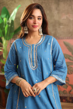 Mul cotton with lining all over foil mirror work Co ord in blue in blue