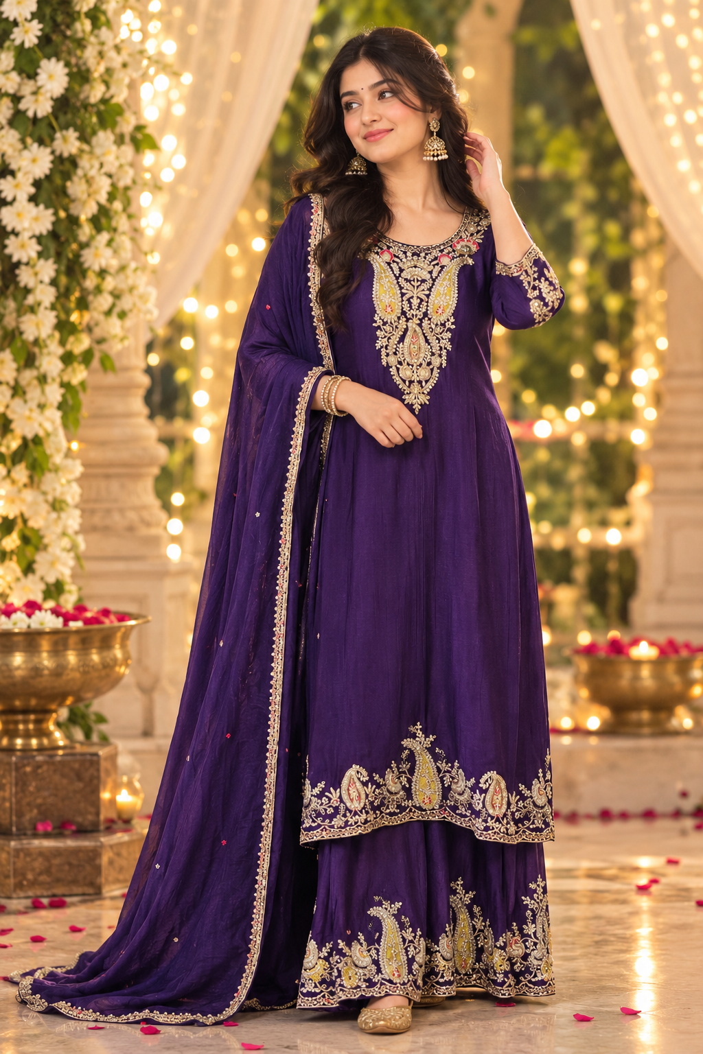 Premium chinon heavy handwork full plazzo suit with intricate detailing