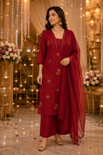 Super soft cotton embroidered suit set in red