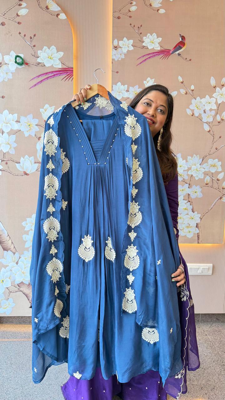 Premium pretty chinon fully embroidered suit set in blue