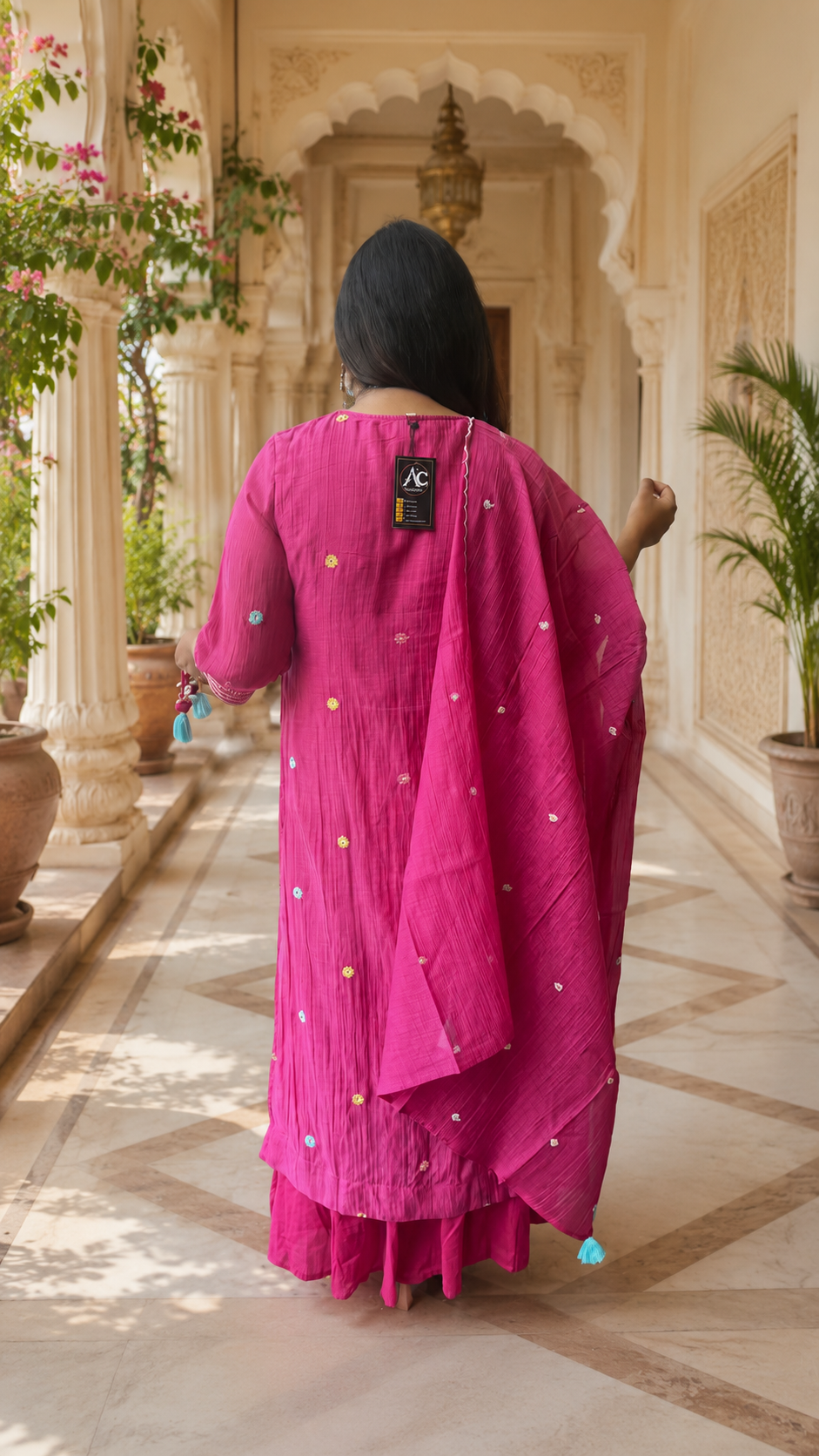 Pure Banarasi handcrafted mulchanderi layered gown with dupatta in Rani pink