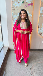 Premium pure chinon handwork suit set in pink