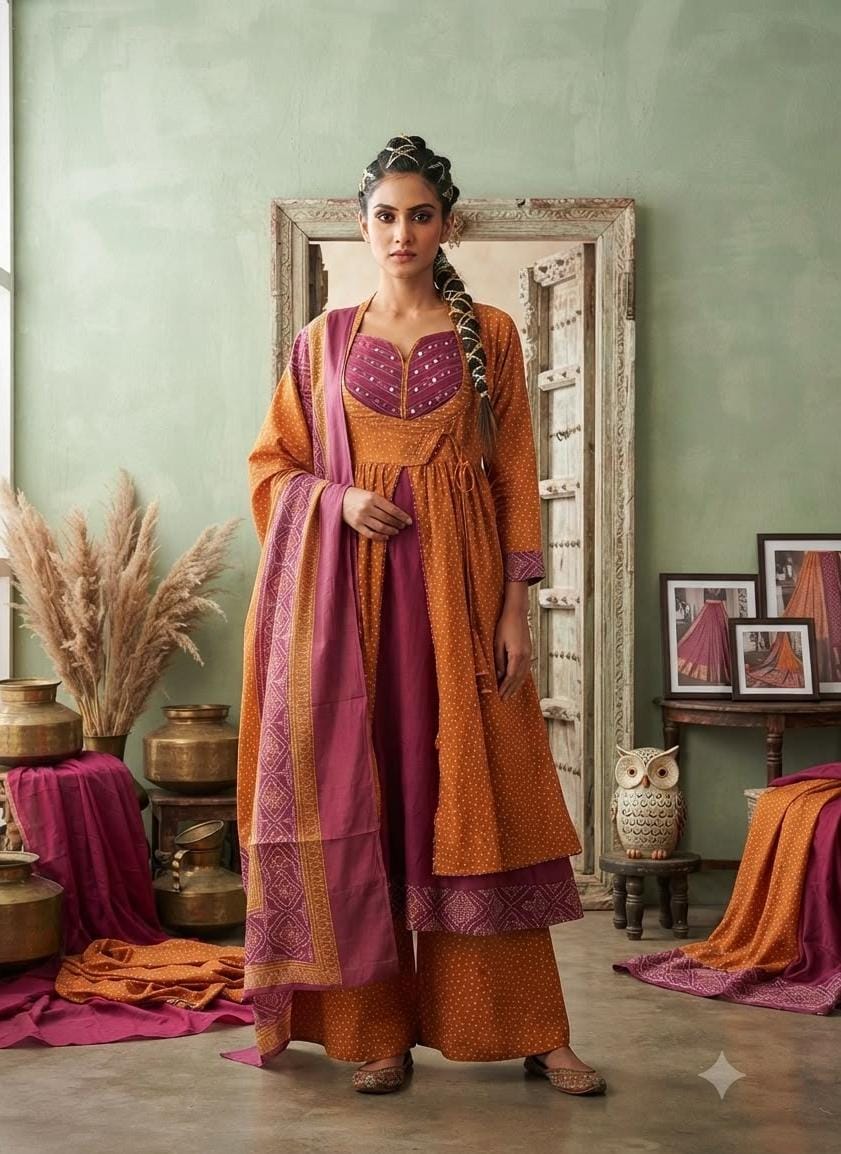 Premium cotton layered angrakha Anarkali suit set in orange n pink