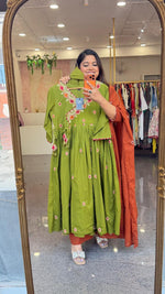 Super premium zari embroidered cotton angrakha Anarkali suit set in green