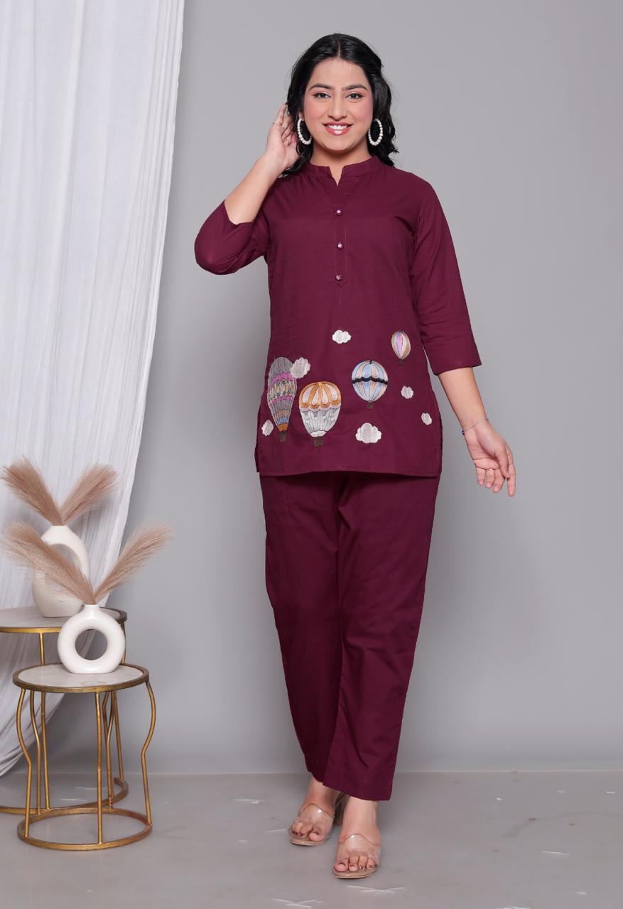 Applique work designer co ord set in wine