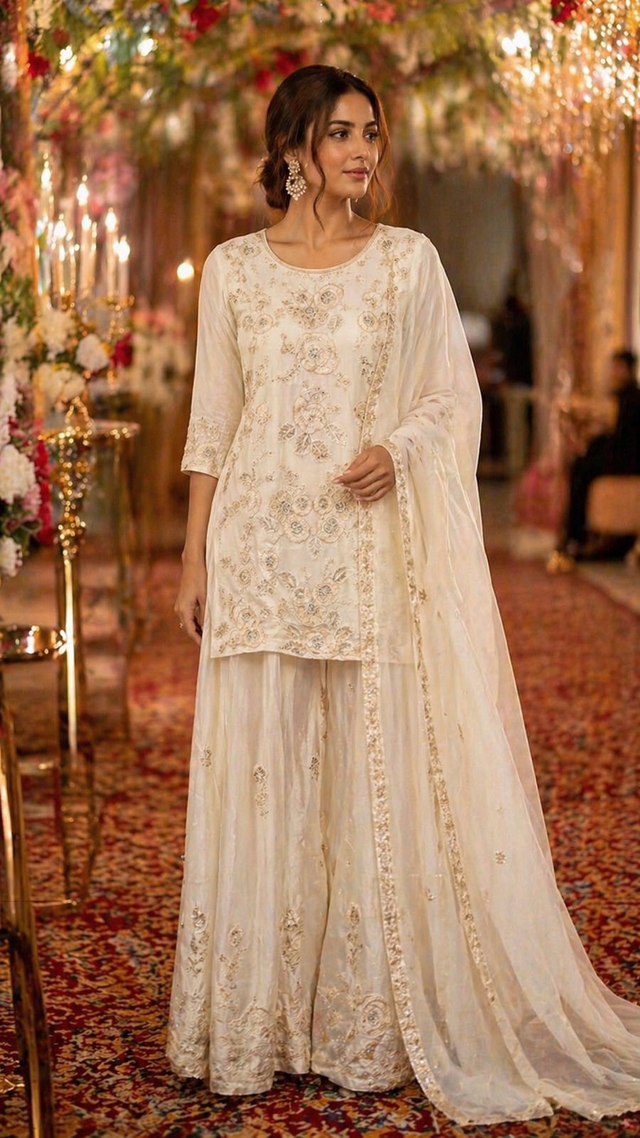 Heavily embroidered premium chinon palzzo set in ivory