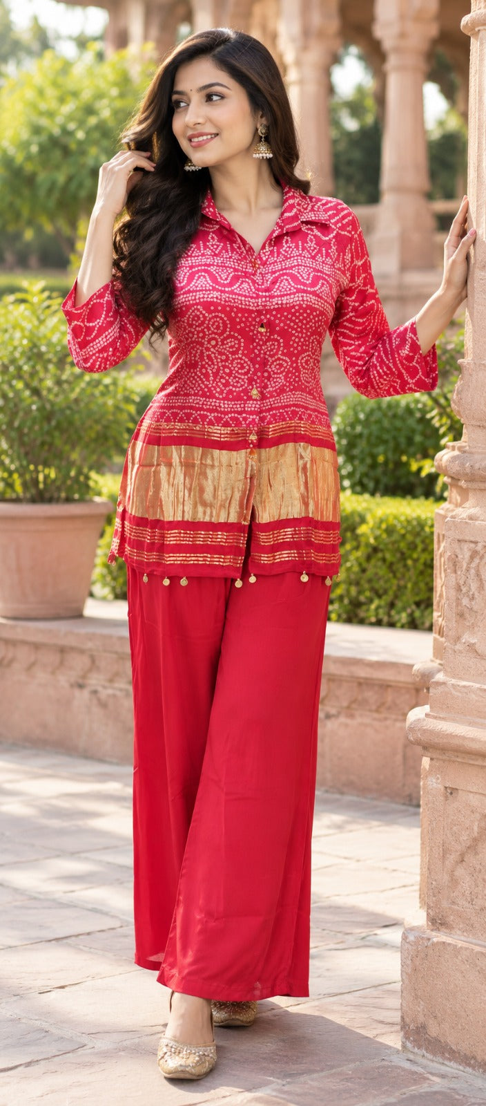 Wow gaji silk lakri patta co ord set in red