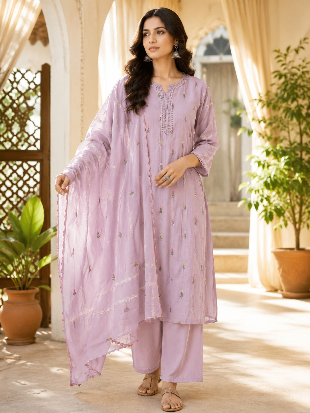 Mul chanderi fully embroidered with designer sleeves full suit set in lilac