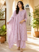Mul chanderi fully embroidered with designer sleeves full suit set in lilac
