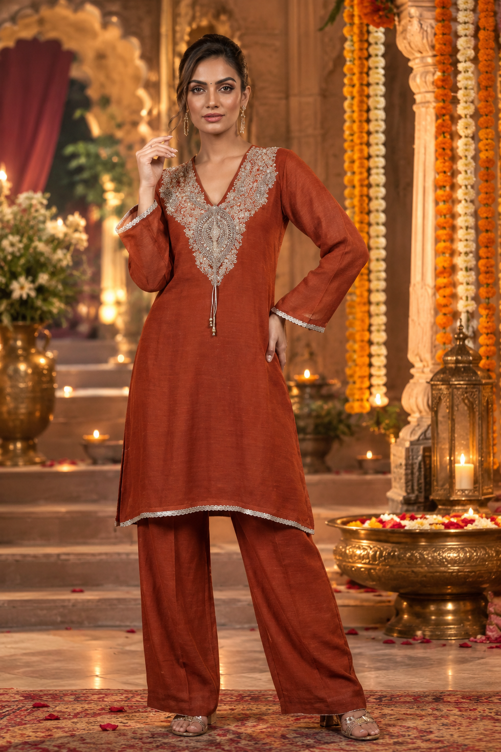 Premium chinon handwork Co ord set Orange
