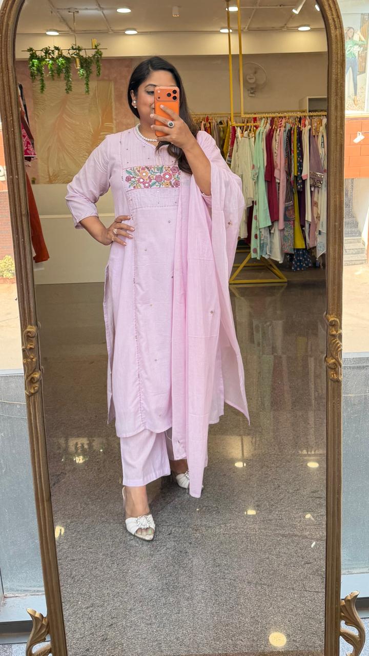 Premium sily cotton embroidered lining full suit set in powder pink