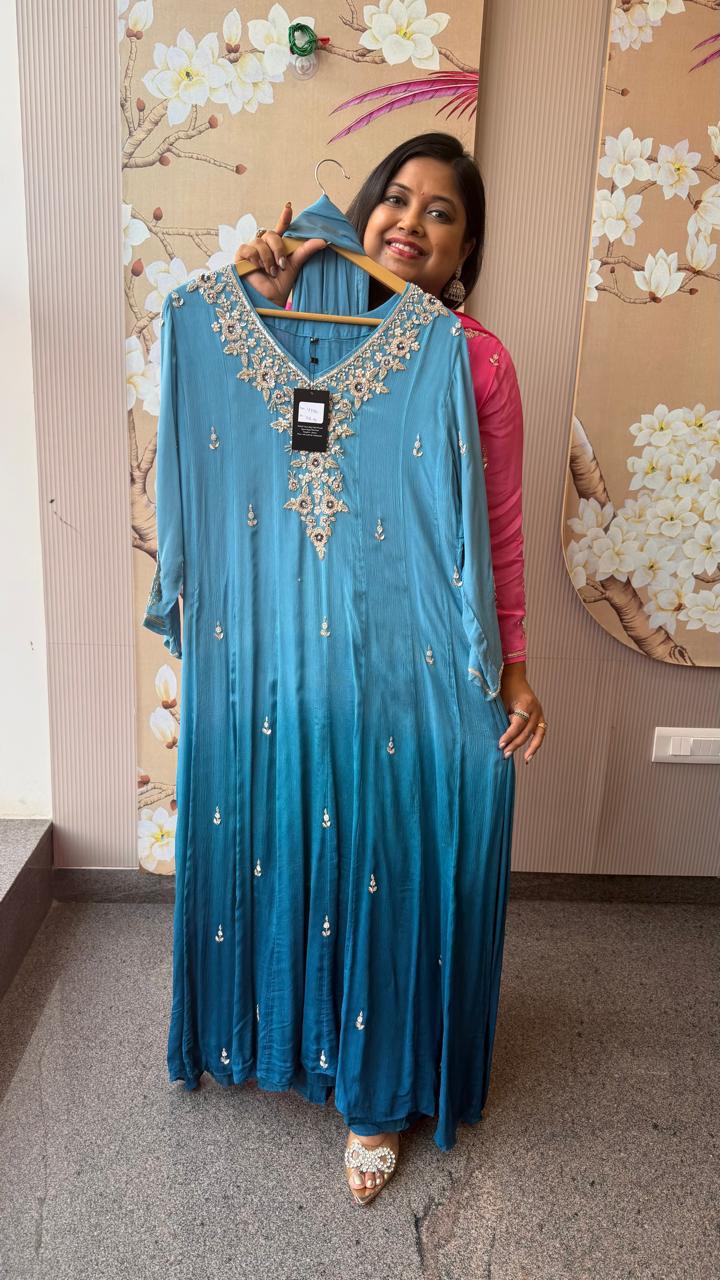 Pure chinon ombre full handwork gorgeous Anarkali suit set in blue