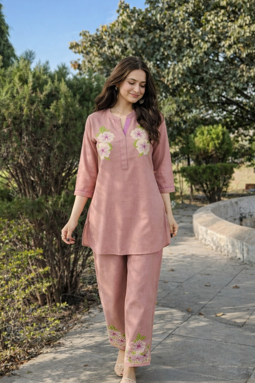 Applique work cotton co ord set in nude pink