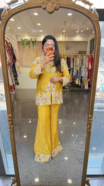 Premium chinon hand embroidery co ord set in yellow