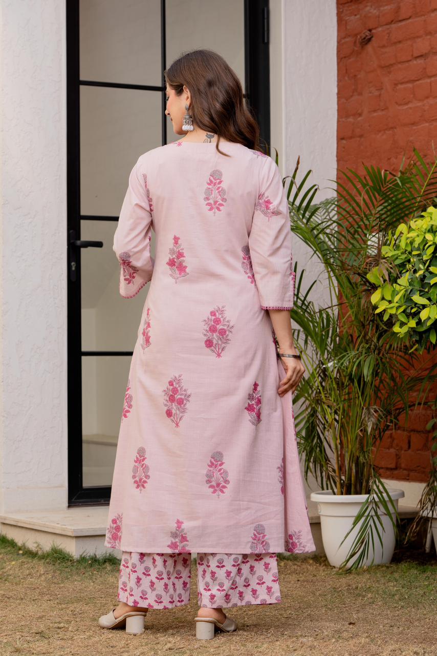 Premium cotton angrakha black printed lining suit set in pink