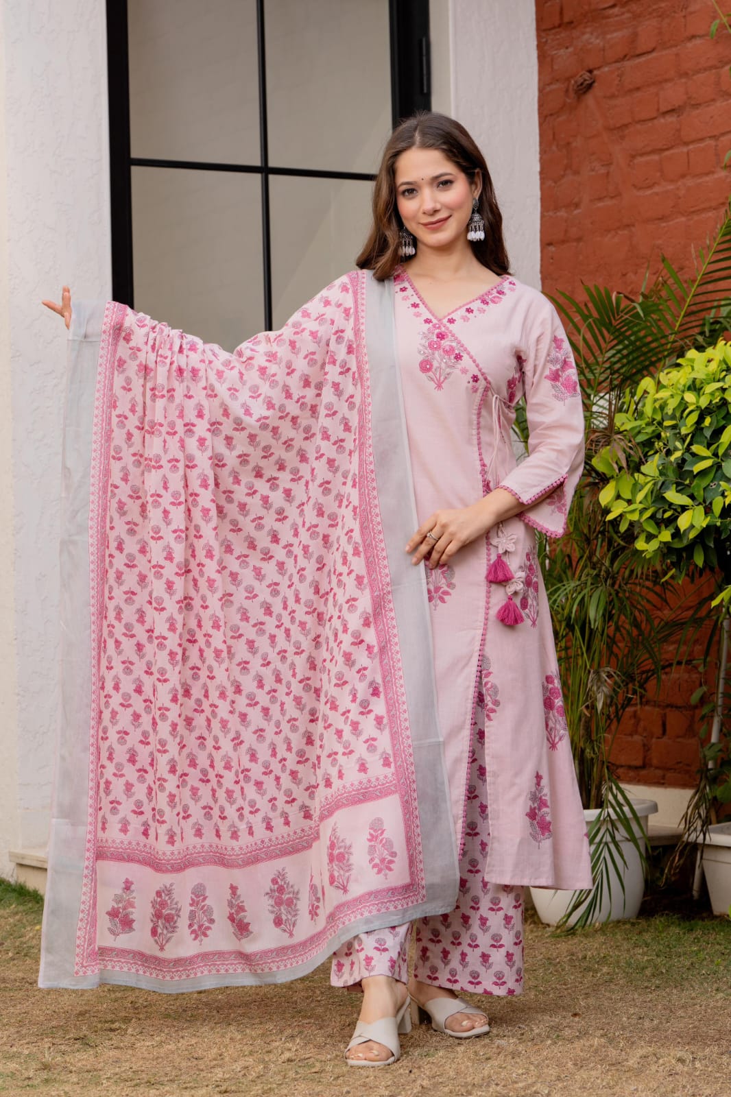 Premium cotton angrakha black printed lining suit set in pink