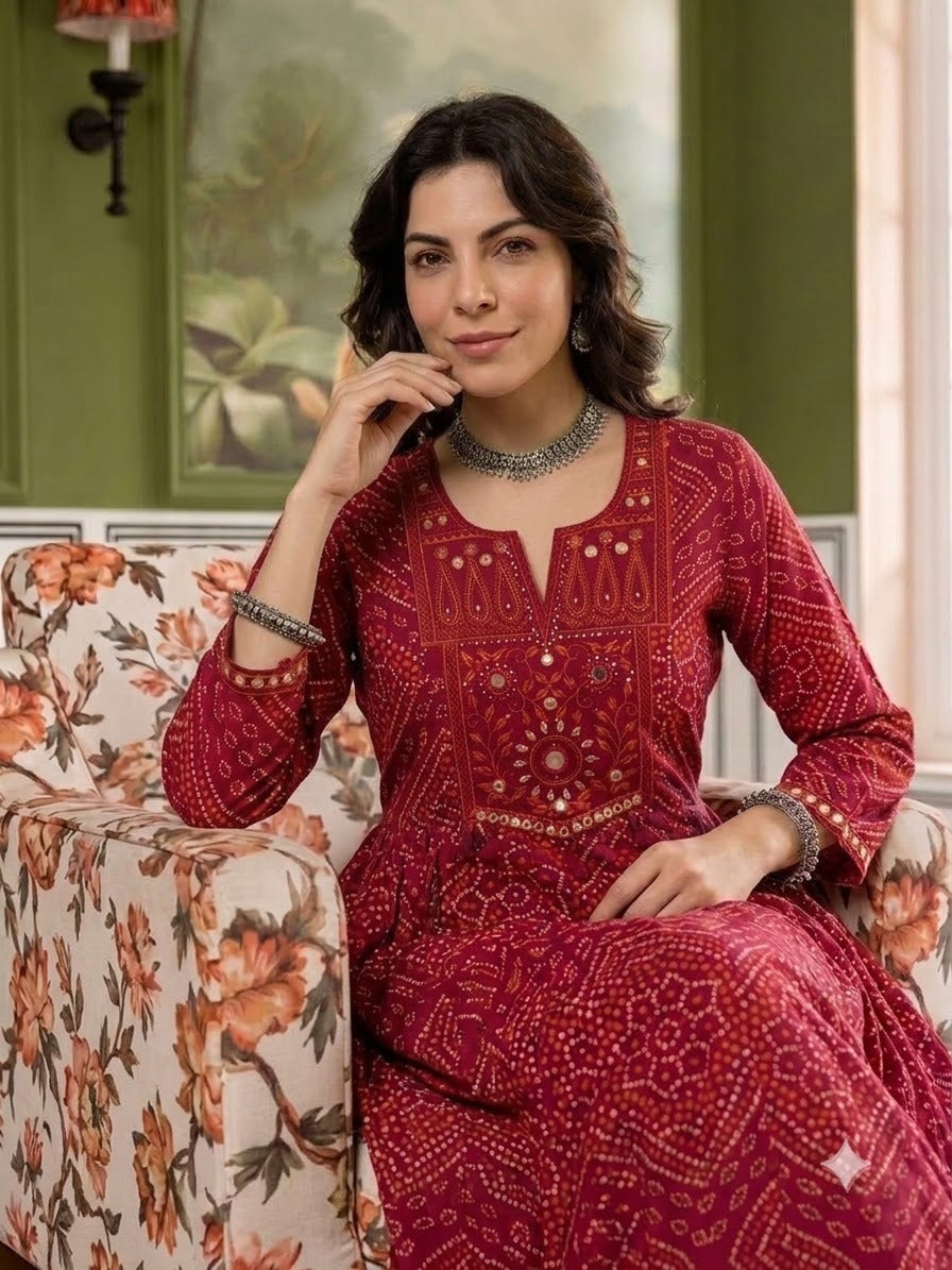 Super pretty cotton Anarkali suit set in red bandhani