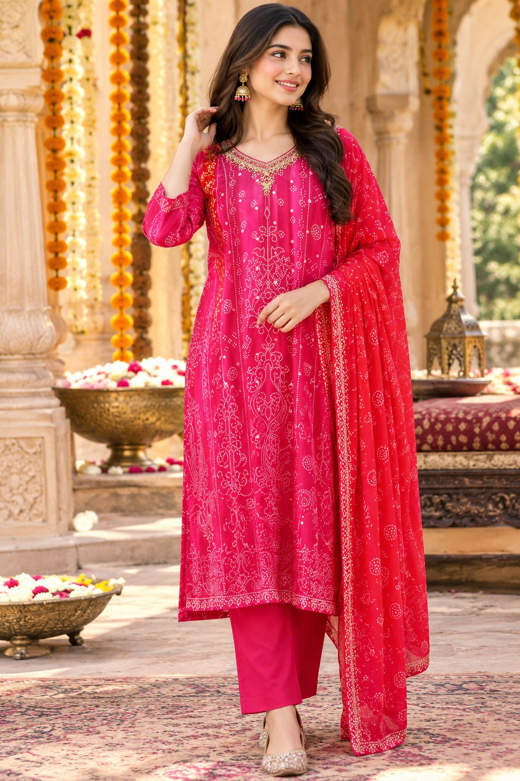 Premium chinon handwork suit set in red n pink
