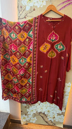 Pure crepe Patola print in contrast suit set in red