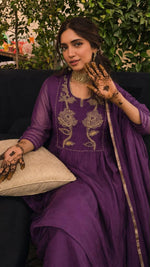 Super soft and comfortable true to size Mul Chanderi detailing suit set in purple