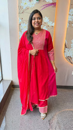 Premium Mul cotton zari detailing suit set in red n pink