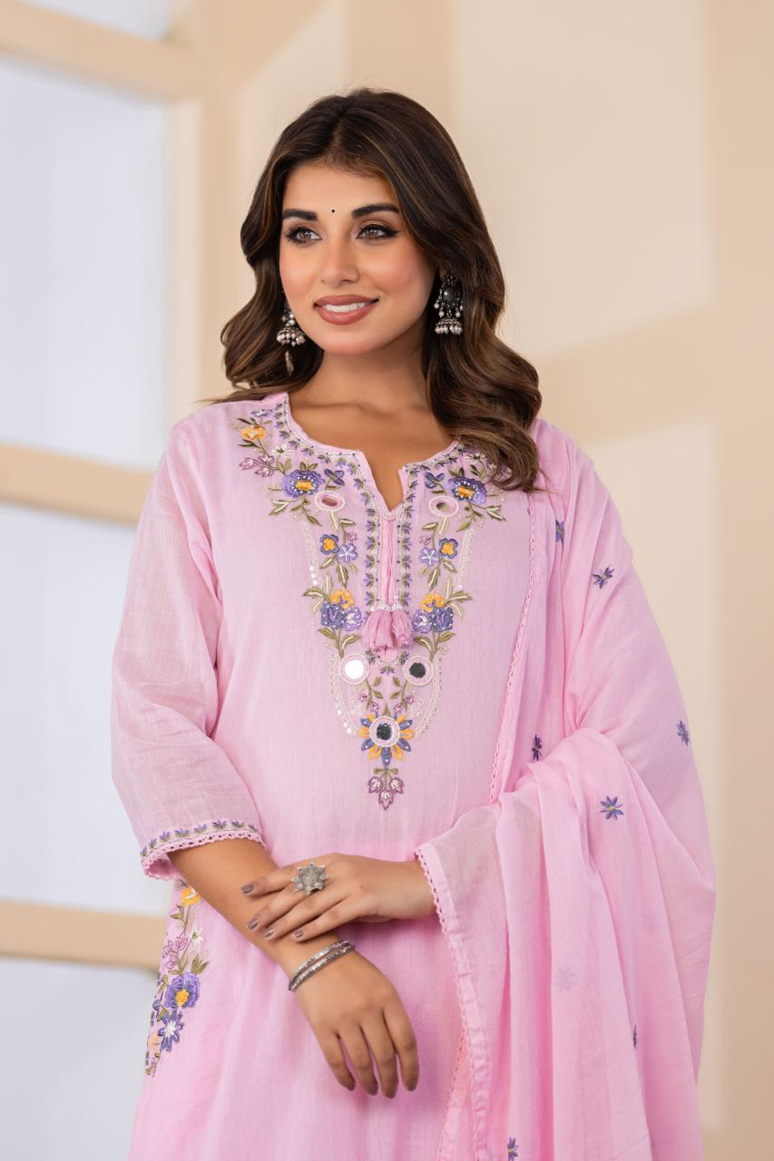 Mul cotton designer neck and pockets with lining full suit in pink
