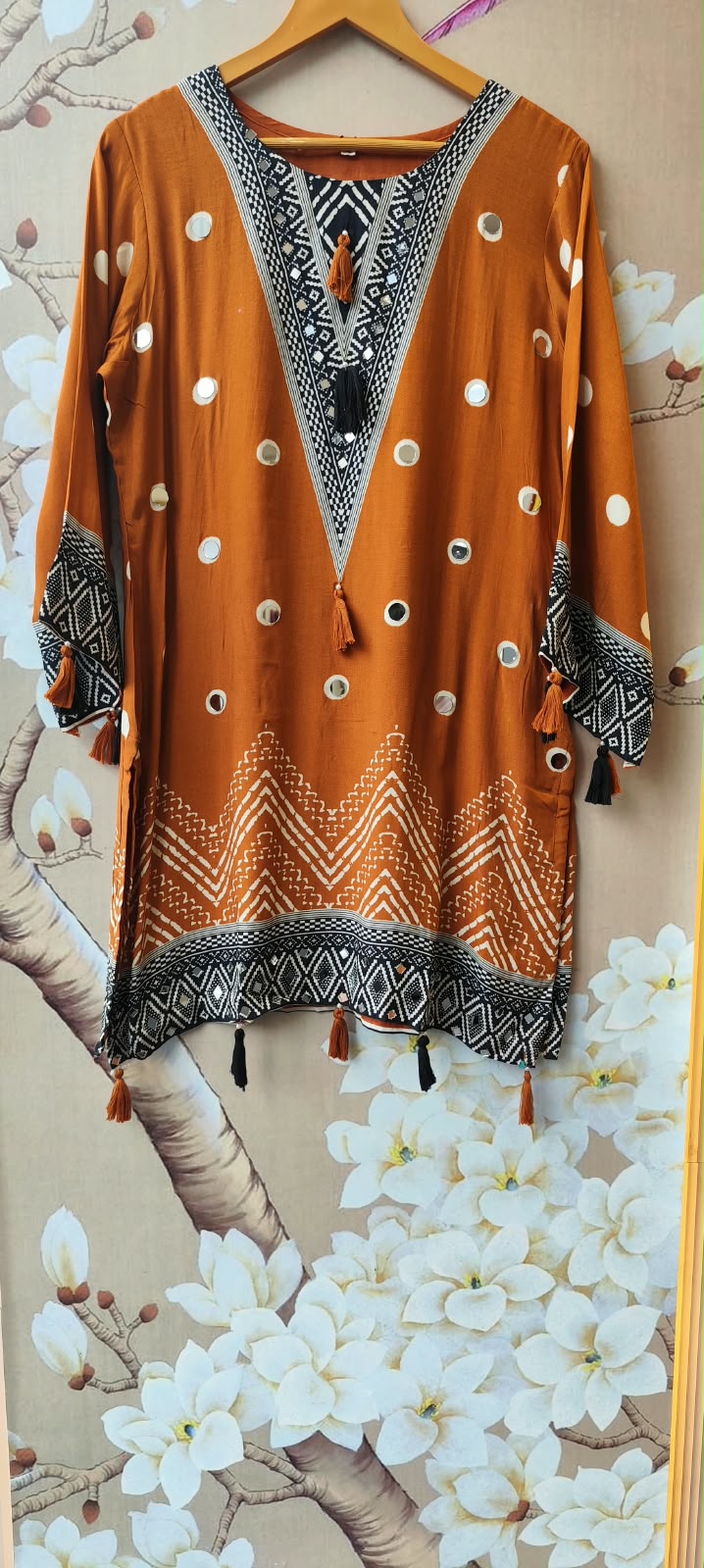 Pure Mul silk real mirror farshi salwar suit set in rust