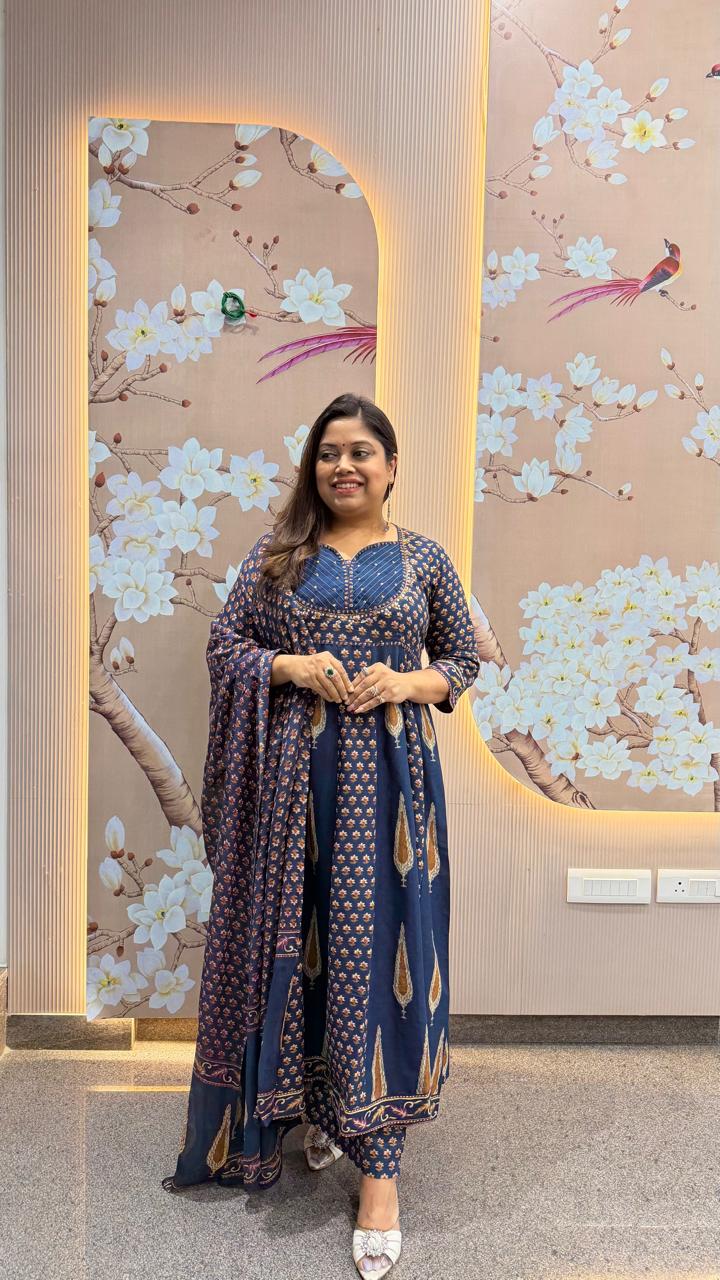 Pure cotton designer Anarkali suit set in blue