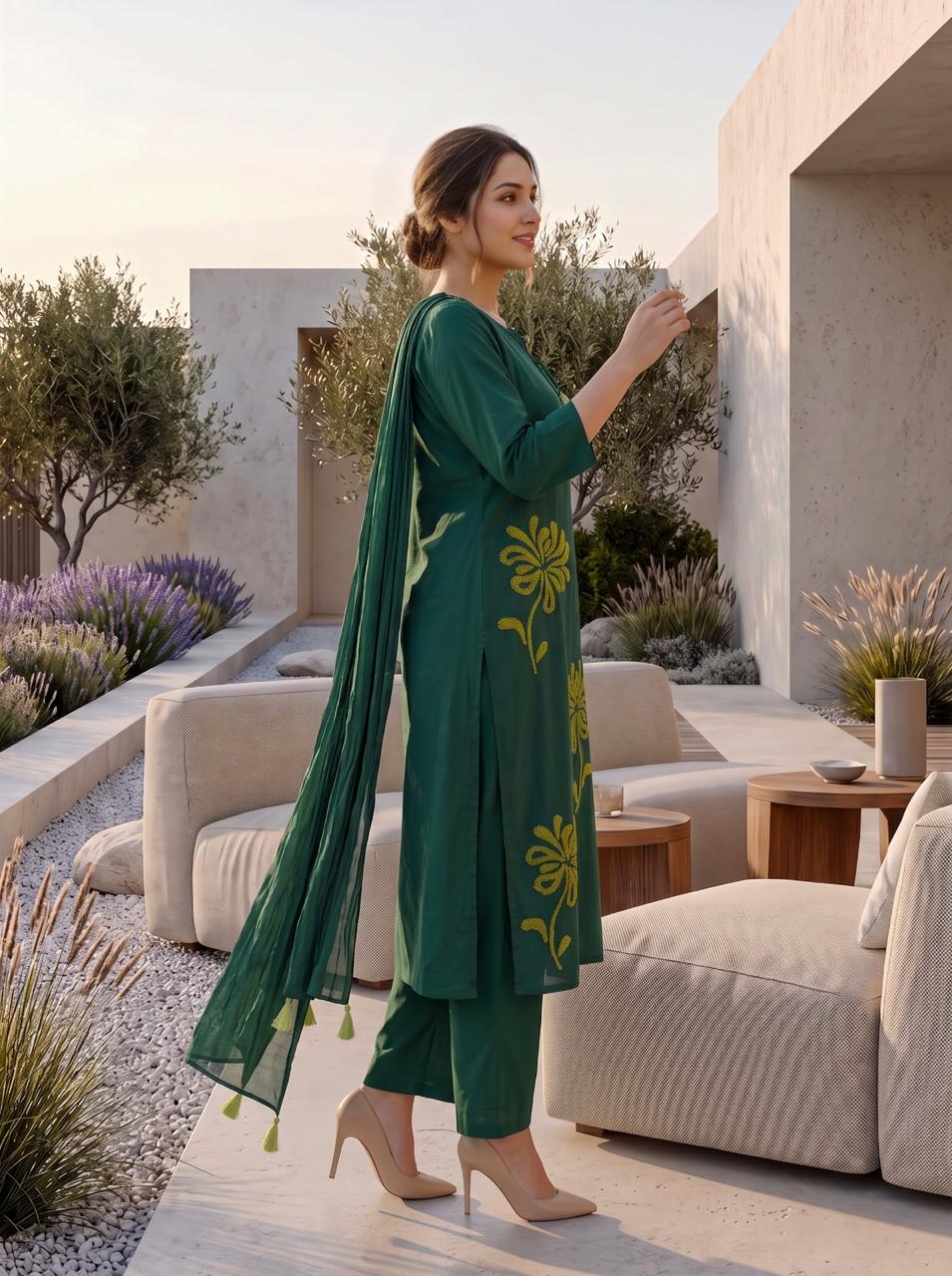 Pretty cotton embroidered suit set in green