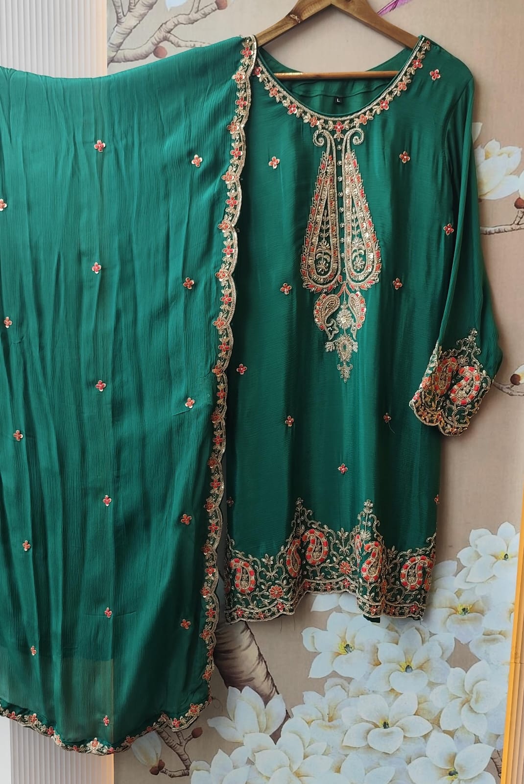 Emerald green heavy plazzo pant suit set with intricate detailing