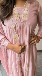 Pure chinon beautiful embroidery and pearl detailing suit set in pink