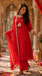 Pure Banarasi suit Mul chanderi with heavy hand work detailing suit in red