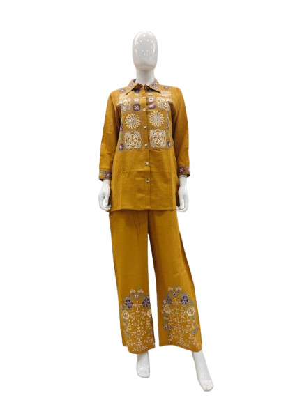 Smart embroidered cotton co ord in yellow